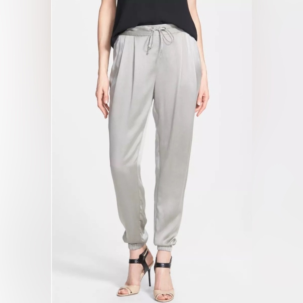 EILEEN FISHER NWOT Charmeuse Stone Slouchy Drawstring Silk Ankle Pant in Gray